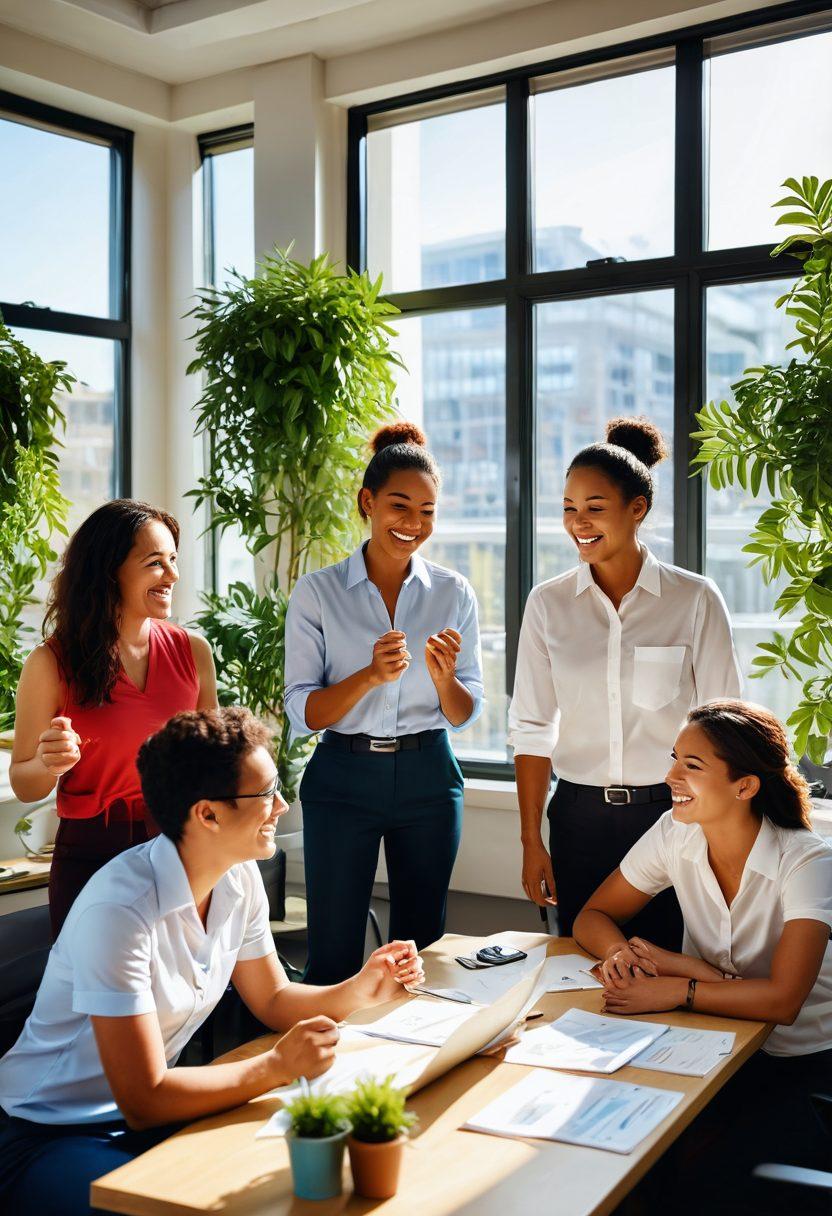 A vibrant office scene filled with diverse employees engaging in team-building activities, smiles and laughter glowing on their faces. A sunny window with plants creating a fresh atmosphere, showcasing a balance between work and wellbeing. Infographics subtly incorporated in the background illustrating statistics about happiness at work. super-realistic. vibrant colors.