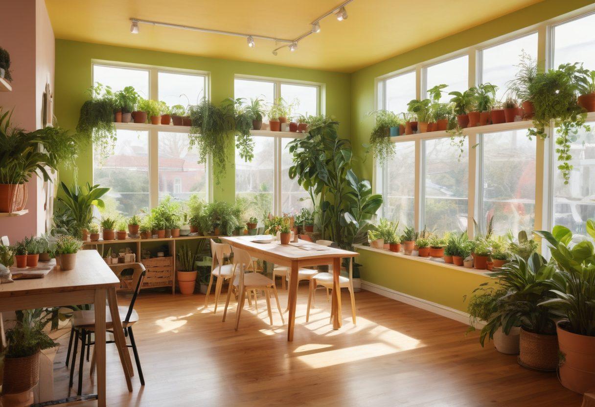 A bright and inviting workspace filled with plants, cheerful colors, and cozy nooks. People engaging in collaborative activities, smiling and sharing ideas around a large table. Sunlight streaming through large windows, creating a warm atmosphere. Inspirational quotes on the walls and personal touches like photos and art. super-realistic. vibrant colors. bright background.