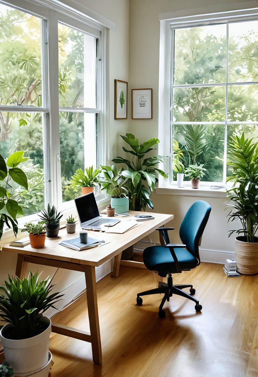 An artistic representation of a serene workspace, emphasizing harmony between work and life. Showcase a calming blend of nature elements, like plants and sunlight, juxtaposed with modern office tools. Include a split scene: on one side, a focused individual at a desk; on the other, the same person enjoying leisure activities in a park. The color palette should be soothing and uplifting. watercolor painting. vibrant colors.